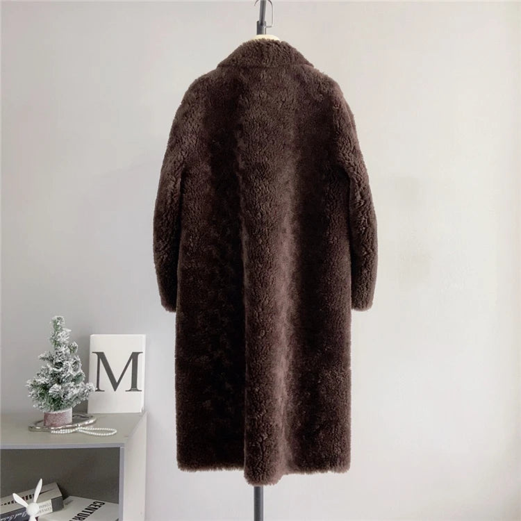 100% Wool Coat Women New Warm Sheep Shearing Long Solid Color Long Coat Lamb Wool casacos femininos inverno 2025
