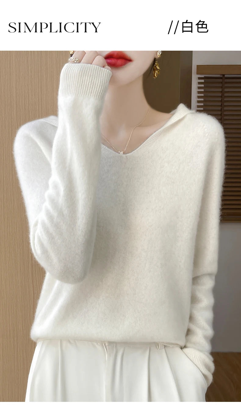 Women Autumn Winter Clothing Hooded Collar Pullover 100% Merino Wool Sweater New Fashion Cashmere Tops Bottoming Knitwear Soft