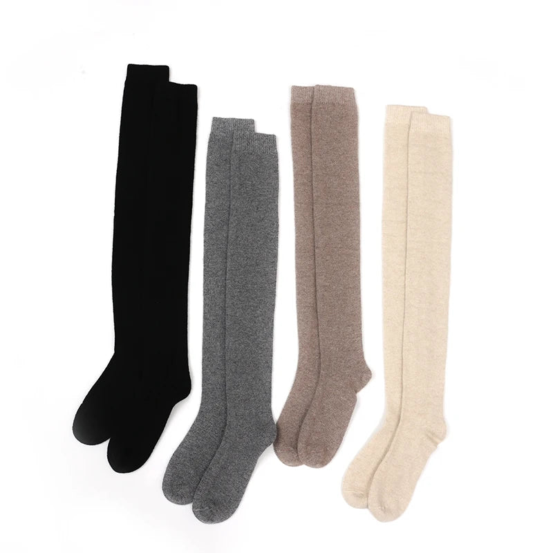 100% Cashmere Women Stockings New Fashion Autumn Casual Solid Color Warm Socks For Woman Soft Winter Knee High Socks Long