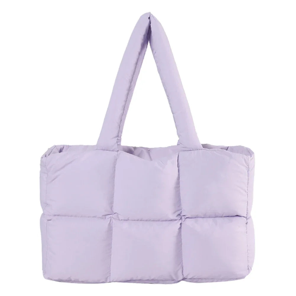 Women Padded Handbag Solid Color Quilted Single Shoulder Bag Large Capacity Soft Cloud Tote Bag Trendy Commuting Bags