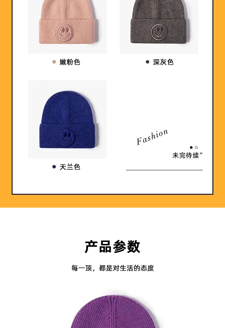 Wool hat female Korean versioncartoonsmiley face embroidered knittedautumn andwintermen'soutdoorwarm thickened brimless cold hat