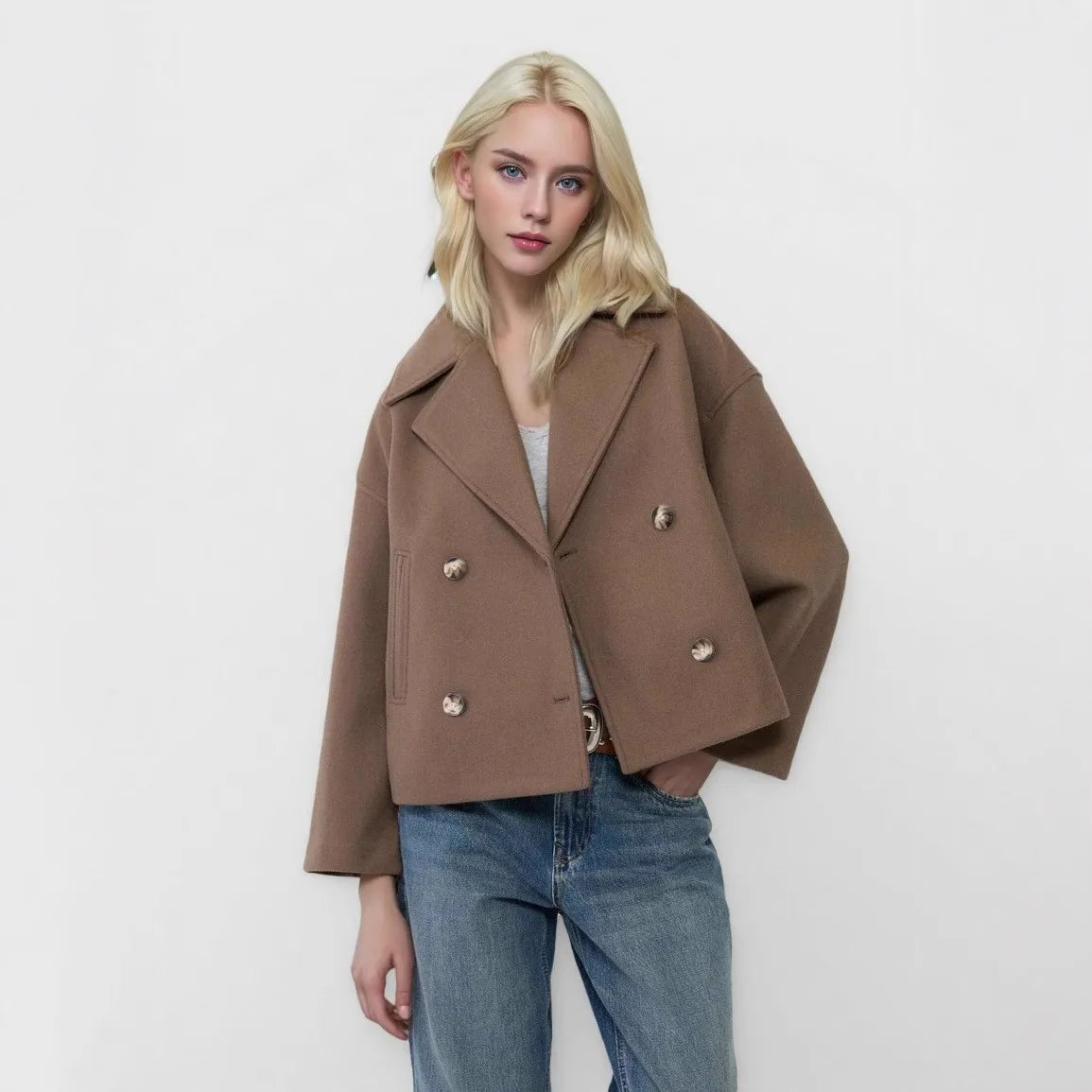 Women Wool Coats Elegant Short Coat Double Breasted Long Sleeve Jackets Blends Solid Casual Pockets Jacket Office Lady Autumn