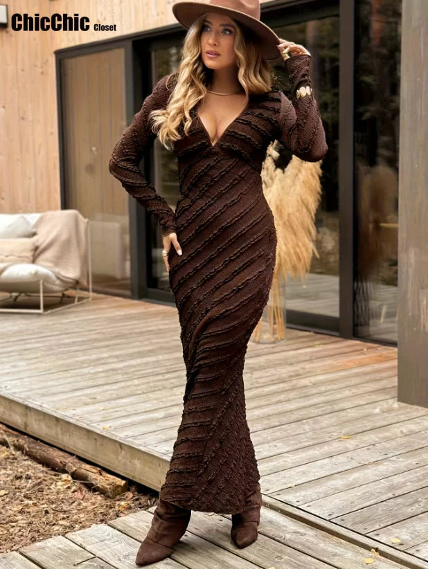 Women Clothing Party Dress V Neck Evening Dress Sexy Party Maxi Female Dress 2026 New Long Sleeves Solid Clothes