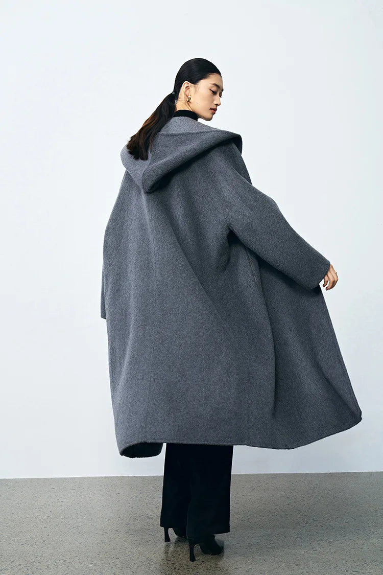 Office Lady Cashmere Woolen Jackets 2024 Autumn And Winter High-Grade Hooded Bathrobe Style Loose Lace-Up Long Women Wool Coats