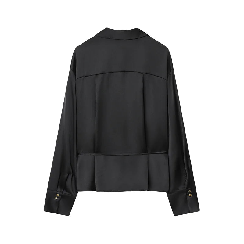 Women's Shirt 2025 Autumn New Arrival Black Long-Sleeve Satin Tie Simple Style Shirt Casual Fashion Elegant and Graceful
