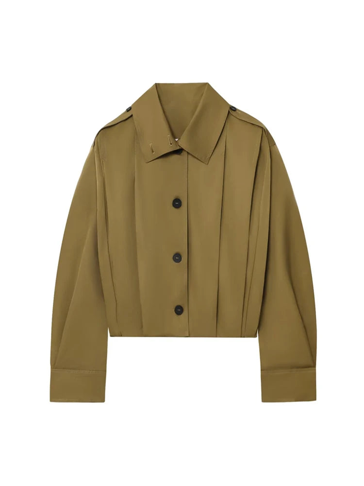 Women's Fashion Pleated Jacket Coat with Pads Lapel Collar Long Sleeve Front Button Chic Outerwear Top