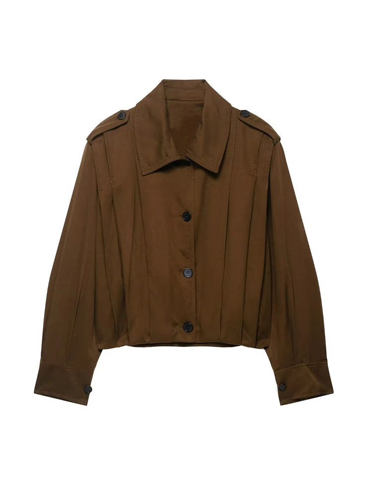 Women's Fashion Pleated Jacket Coat with Pads Lapel Collar Long Sleeve Front Button Chic Outerwear Top