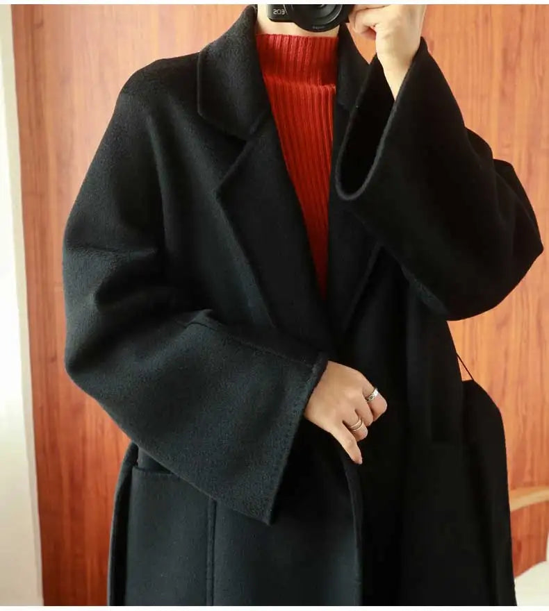 Women Double-Sided 20% Cashmere Wool Coat Jacket Women Long Beautiful Woolen Winter Autumn Warm Fashion Water Ripple Cloak
