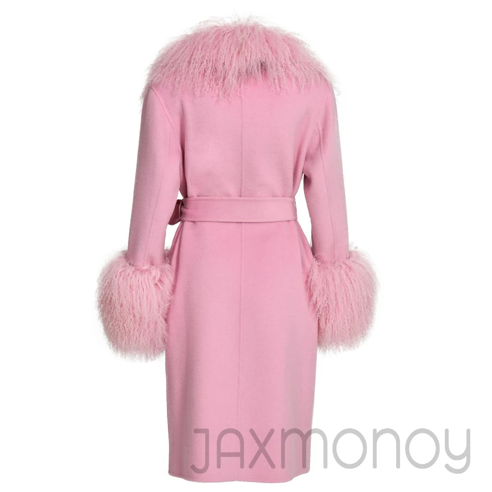 Women Cashmere Wool Coat With Real Mongolian Sheep Fur Collar  Ladies Autumn Winter Fashion Long Outwear Full Sleeve Fur Jacket