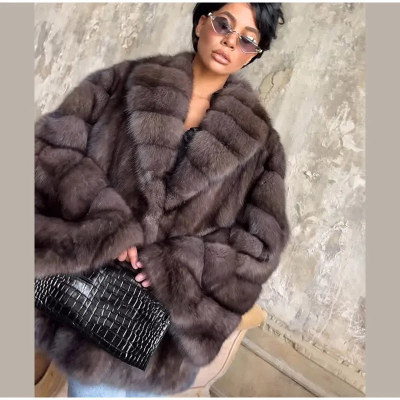 Fashion Medium-length Fur Coat Women Elegant Solid Lapel Hidden Button Loose Coats Lady 2025 Winter New Commute Office Outerwear