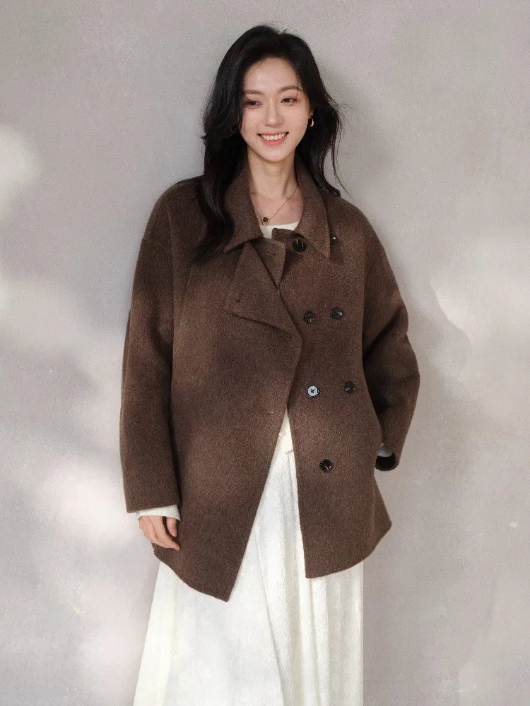 Women Elegant Wool-Like Winter Short Coat Brown Belted Jacket Warm Casual Outerwear for Lady with High Neck and Waist Tie Design