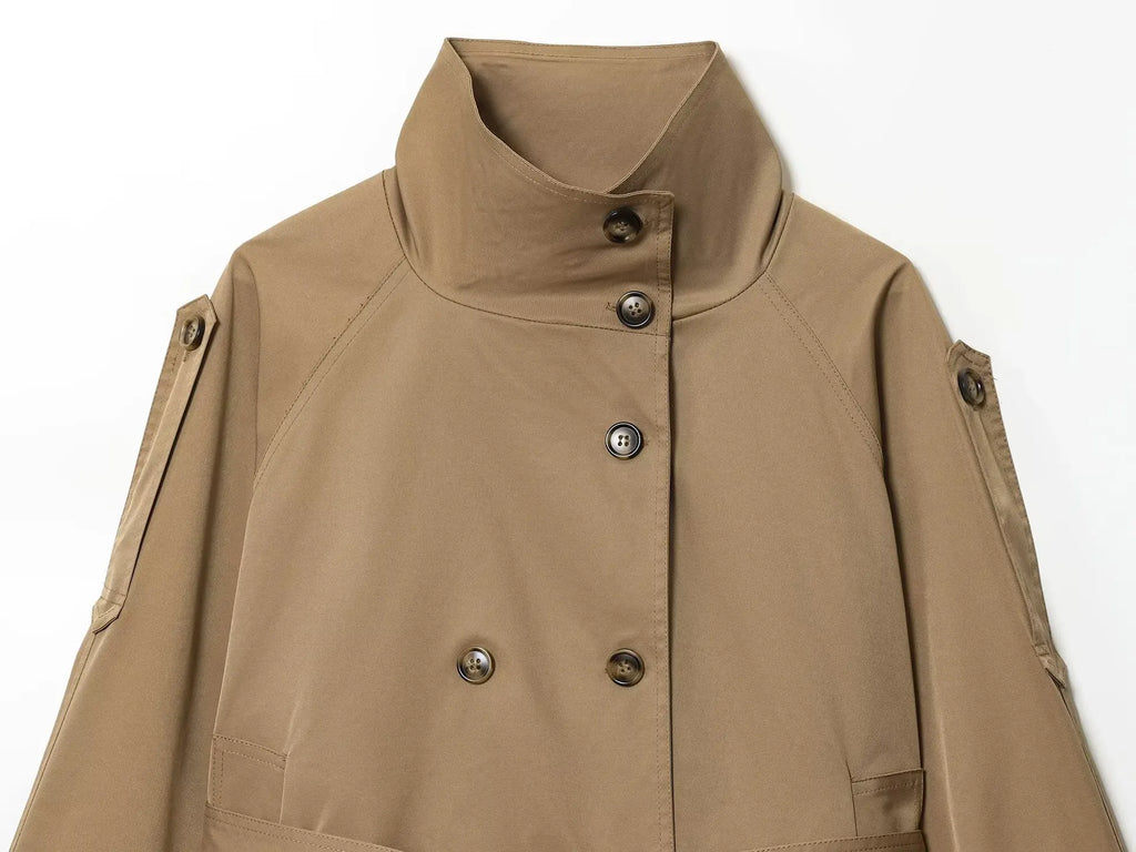 Women's Loose Motorcycle Jacket Stand-up Collar Long-sleeved Double-breasted Pocket Solid Color Cropped Overcoat New Chic Jacket