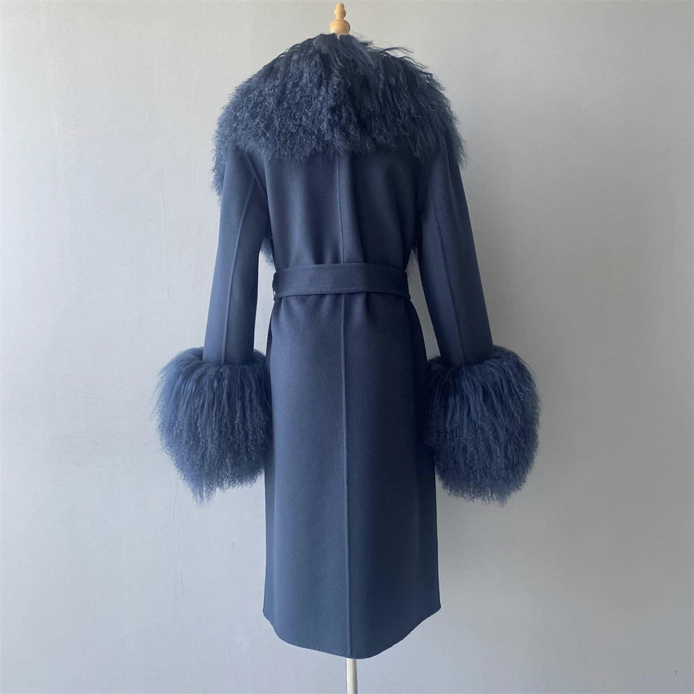 Women Cashmere Wool Coat With Real Mongolian Sheep Fur Collar  Ladies Autumn Winter Fashion Long Outwear Full Sleeve Fur Jacket