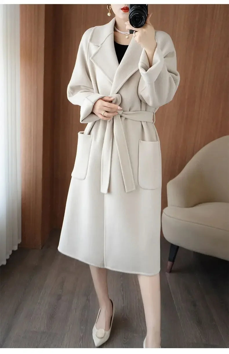100% Wool Coat Women's Wear 2025 Autumn/Winter Fashion Temperament Double sided Cashmere Coats with Belt Elegant Long Overcoat