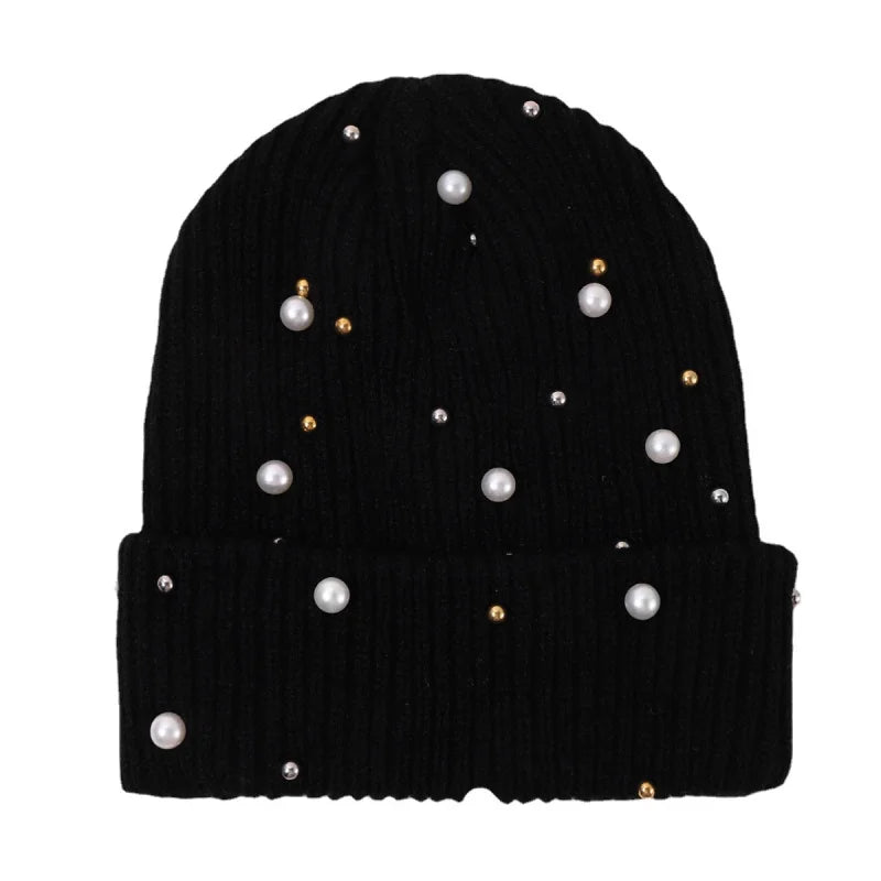 New Autumn And Winter Woolen Hat For Women, Fashionable Pearl Embellishment, Winter Warm Knitted Hat
