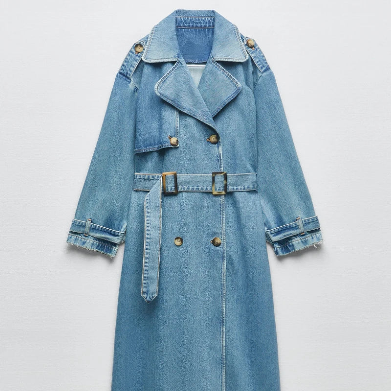 Denim Trench Coats For Women Belt On Waist Slim Jean Coats Ladies Jaqueta Feminina Blue Jean Jacket Woman
