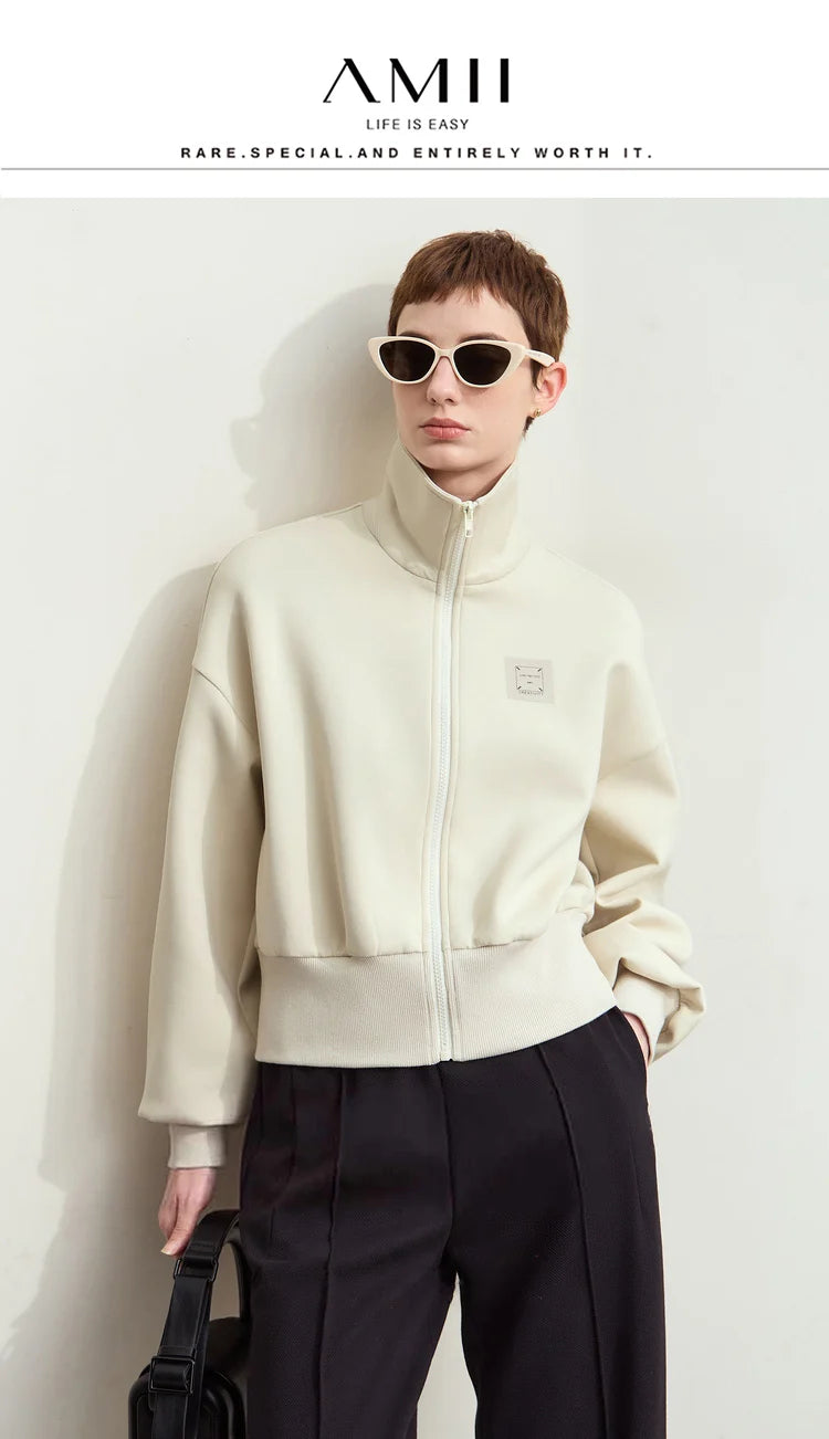 Amii Fall Clothes 2024 Women Casual Zip Up Short Coat Women Sweatshirt Solid Turtleneck Loose Sports Streetwear Jacket 12443222