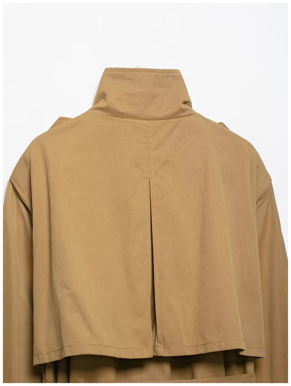 Women Fashion Cinched Waist Short Workwear Jacket Stand Collar Belted Trendy And Versatile Trench Coat Casual Stylish Streetwear