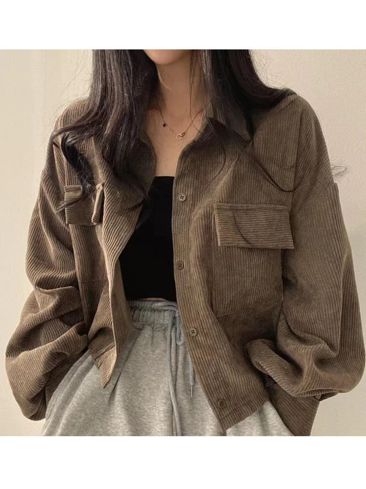Autumn Casual Button Outwear Top with Pockets Retro Versatile Turndown Collar Long Sleeved Jacket for Women Street Loose Coat