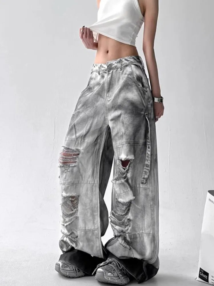 Women Jeans Pants American High Street Ripped Straight Wide-Leg Jeans For Women Design Tie-Dye Jazz Dance Cargo Full Thin Jeans