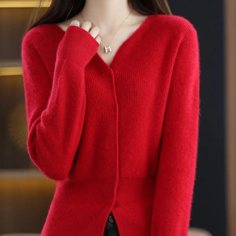 Cashmere Sweater Women's Cardigan Scissors Collar Hidden Buckle Pure Wool Sweater Autumn and Winter Coat Waist Slim Commute Top