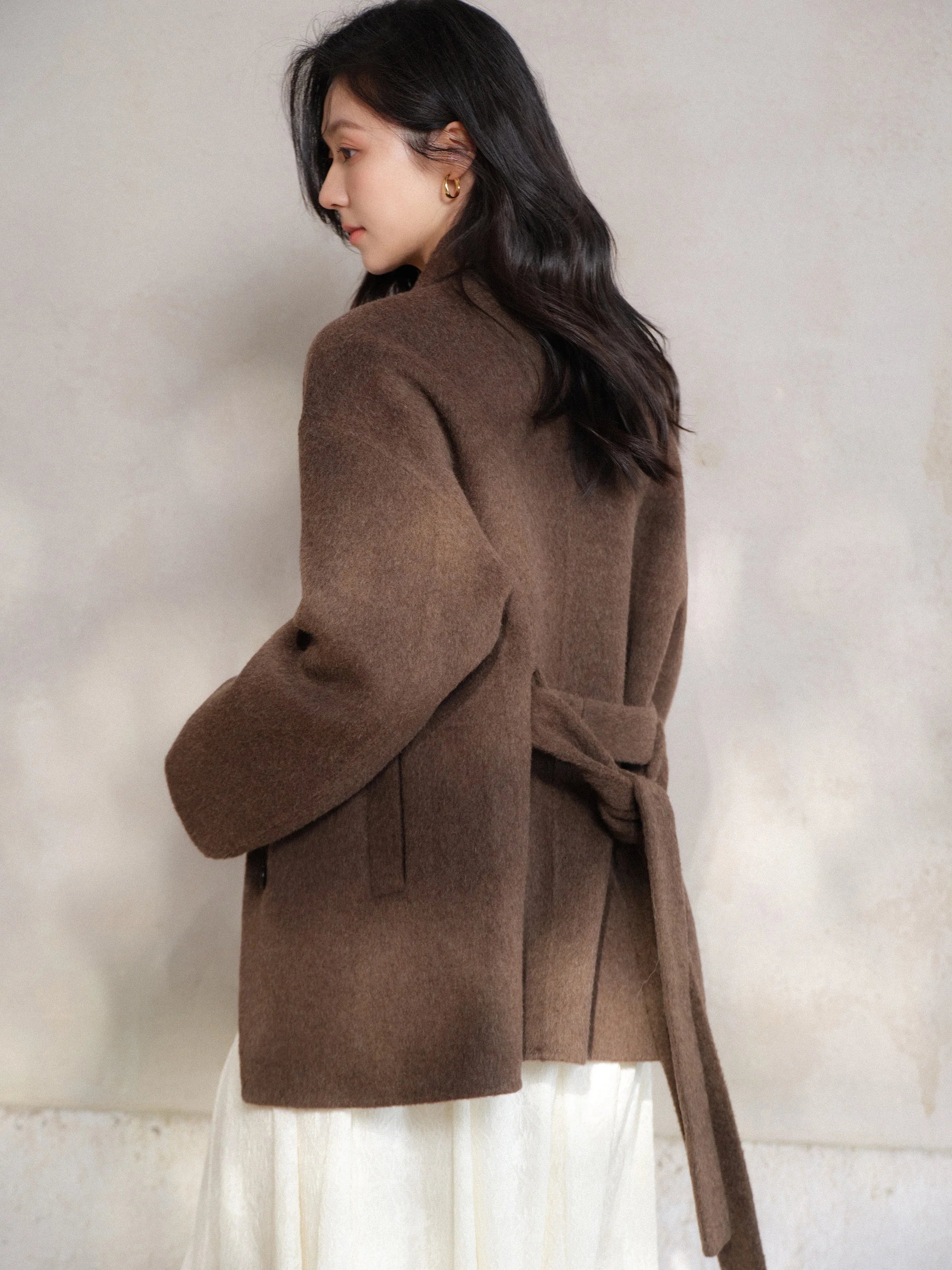 Women Elegant Wool-Like Winter Short Coat Brown Belted Jacket Warm Casual Outerwear for Lady with High Neck and Waist Tie Design
