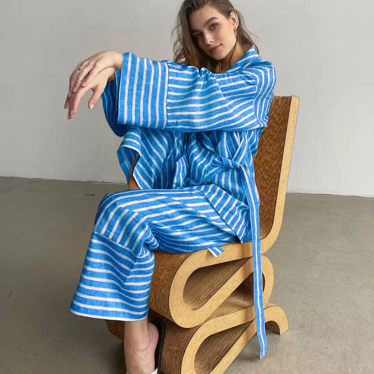 Women's Clothing 2025 Autumn New Striped Long-sleeved Loose Lace Top High Waist Trousers Fashionable Casual Suit