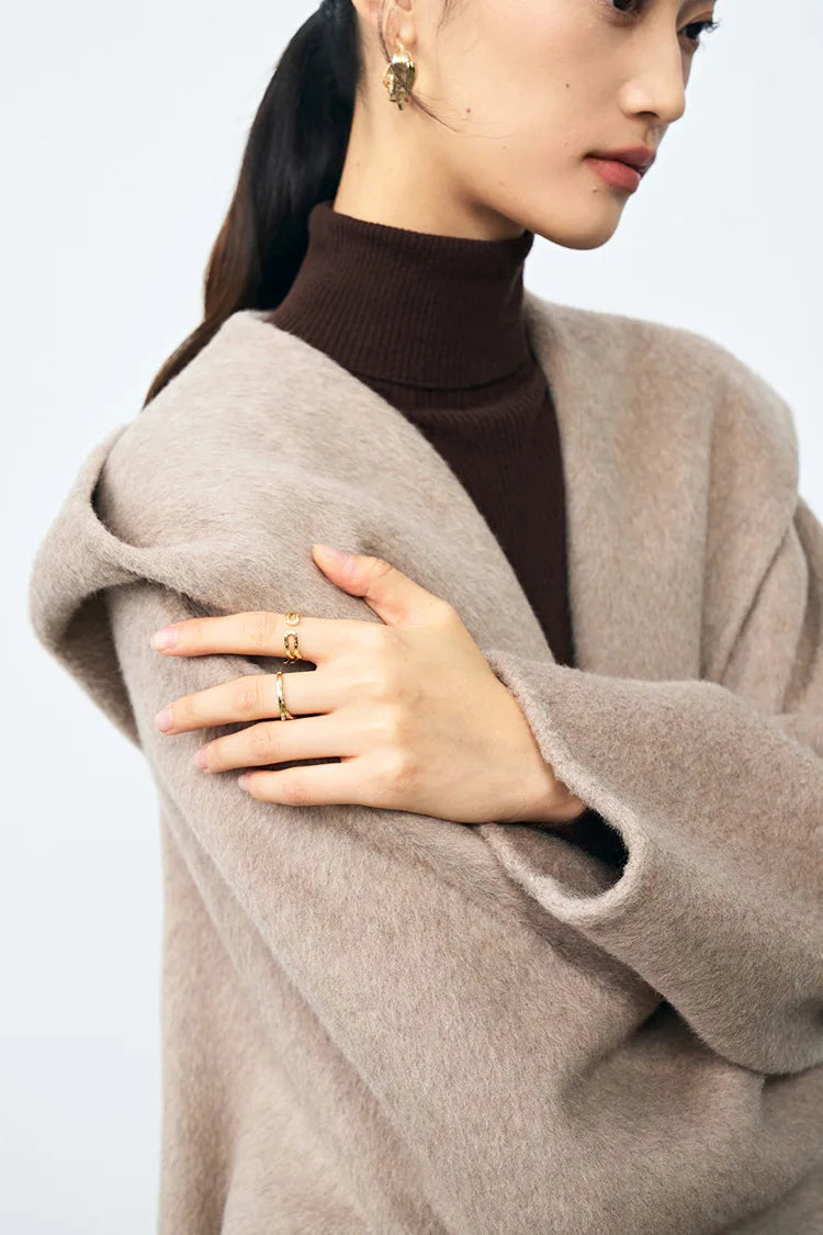 Office Lady Cashmere Woolen Jackets 2024 Autumn And Winter High-Grade Hooded Bathrobe Style Loose Lace-Up Long Women Wool Coats