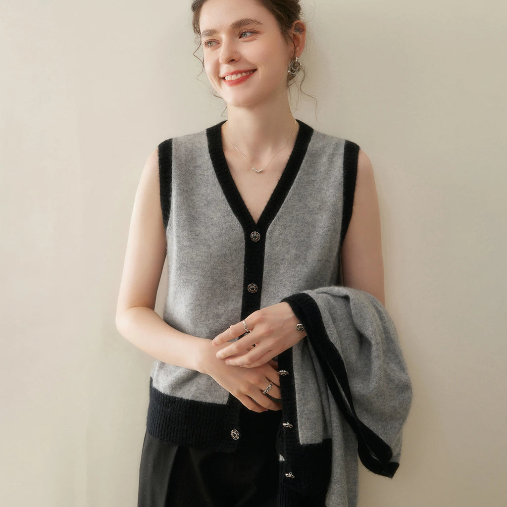 Women Cashmere Sweater V-neck  Cardigan and Vest Set Spring Autumn Winter 100% Cashmere Knitwear Long Sleeve Top Waistcoat Suit