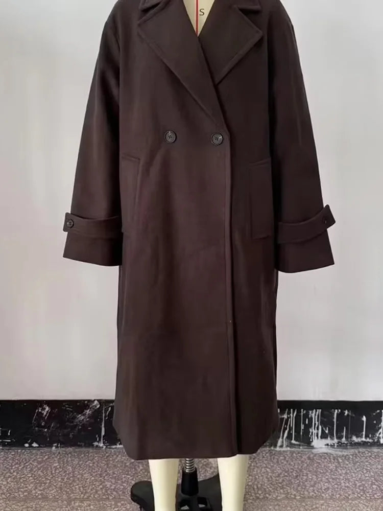 HH Women Autumn Winter New Fashion Lapel Woolen Edition Long Coat Female Simple Elegant Warm High Street Casual Jacket Mujer