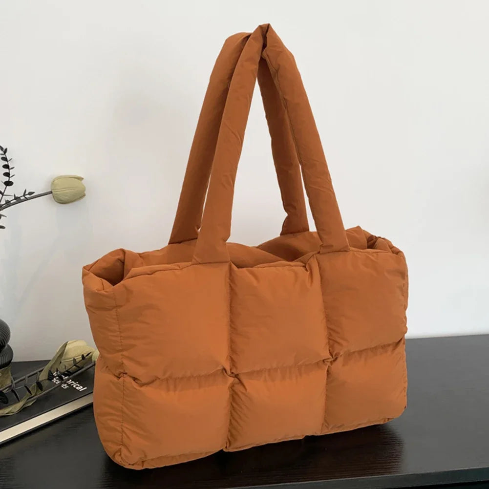 Women Padded Handbag Solid Color Quilted Single Shoulder Bag Large Capacity Soft Cloud Tote Bag Trendy Commuting Bags
