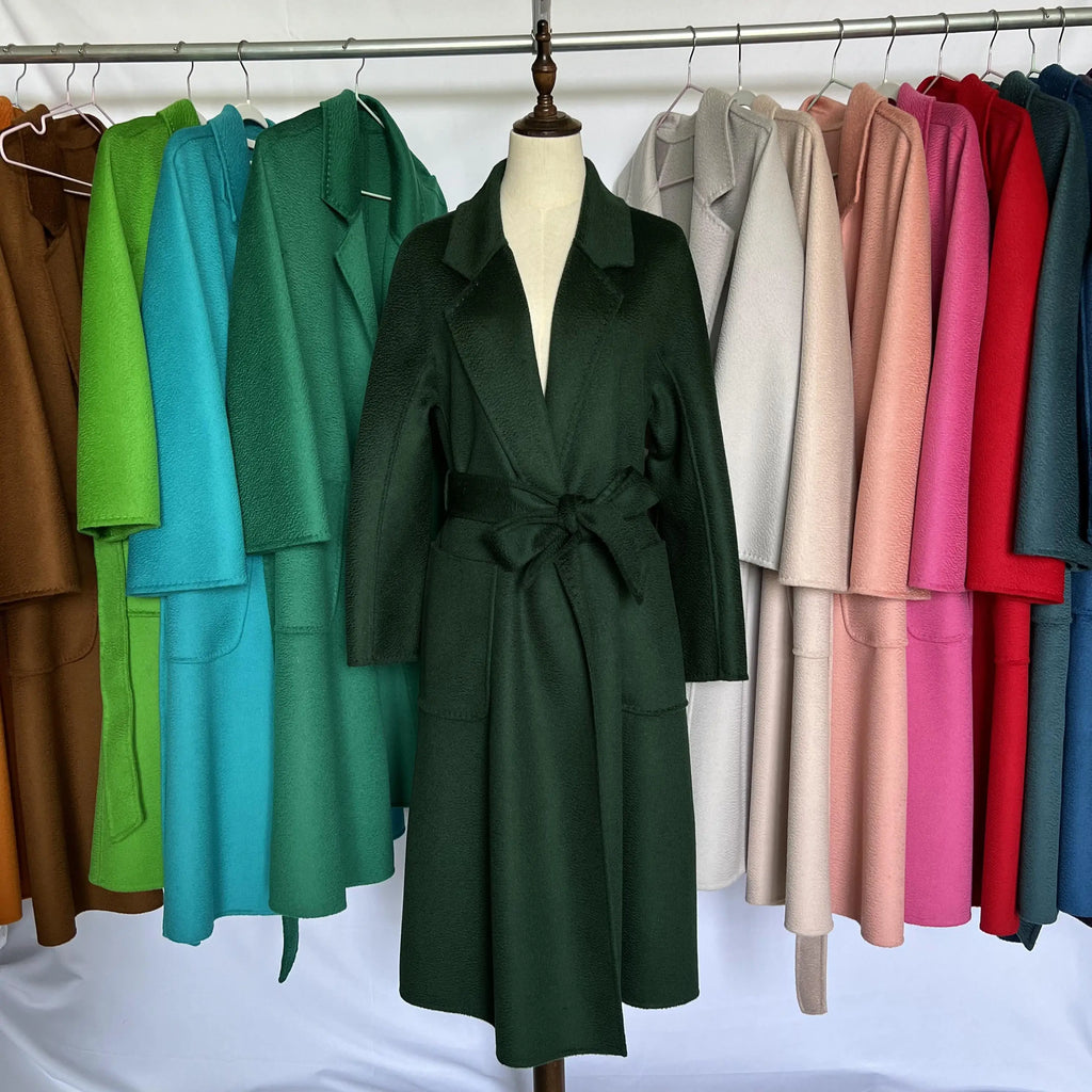 Cashmere Coat Female Winter Mid-Length Corrugated Coat Black Wool Coat Woman Autumn New Casual Fashion Red Beige Lace-Up Coat