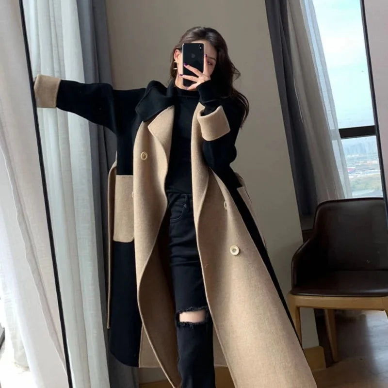 New Autumn Winter Women Coat Color Matching Turn-down Collar Double-breasted Mid Length Lady Coat Double-sided Female Overcoat