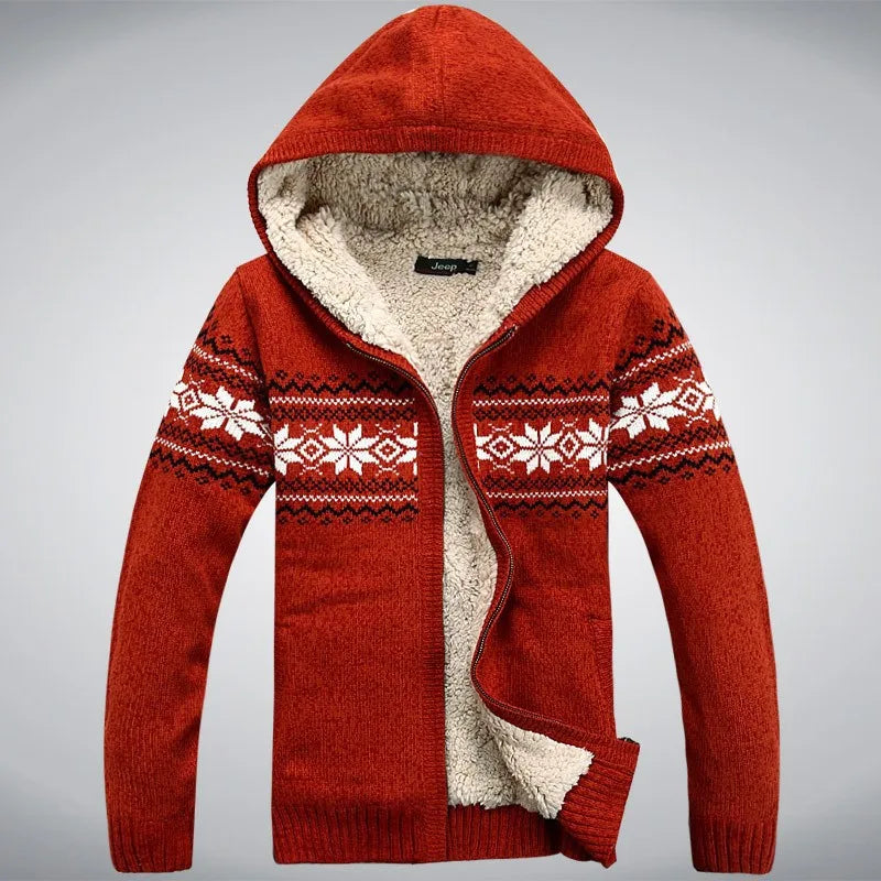 Wool Man Sweater Hooded Winter Cardigan  Winter Thicken Fleece  Overcoat Casual New Fashion Cotton Red Mens Winter Jacket