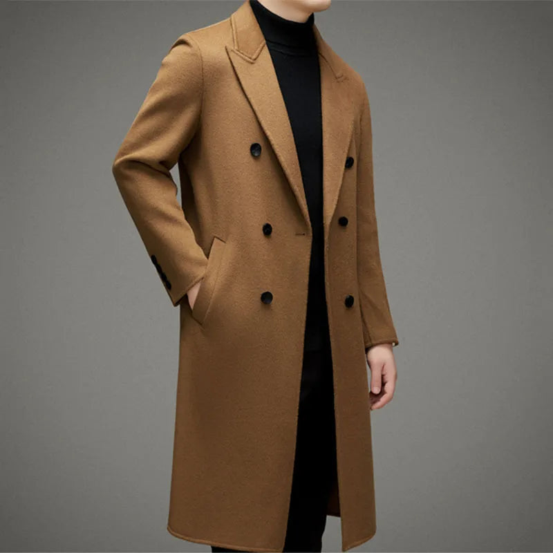 High-end Men's Double-breasted Wool Coat Fashionable Long Wool Knee-length Casual Suit Jacket for Men Peak Lapel Customized Coat