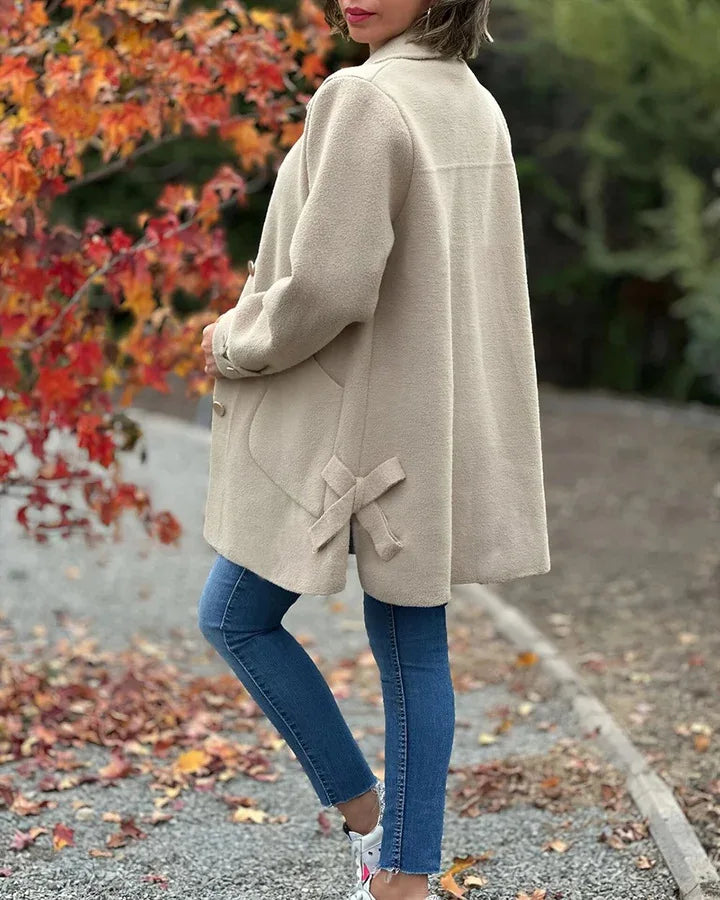 2024 Autumn and Winter New Style Women's Lapel Solid Color Casual Bow Woolen Coat Women's Clothing Пальто Женское
