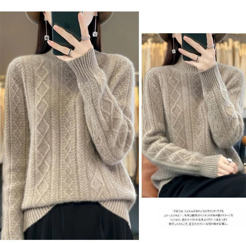 2024 New Women Autumn Winter Sweater Thick 100% Merino Wool Turtleneck Casual Cashmere Knitwaer Pullover Korean Fashion Tops