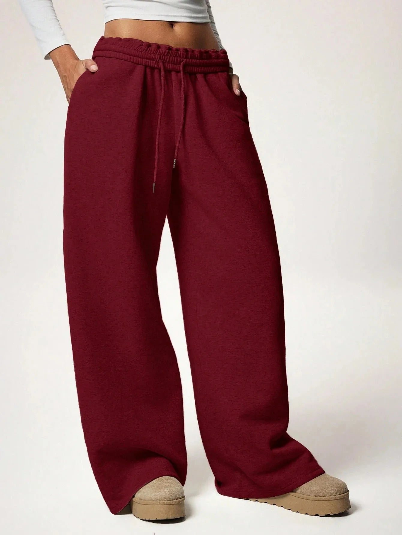 Women Add Velvet Thicken Sweatpants Autumn Female Elastic Waist Pocket Wide Leg Loose Trousers YQFS-OM023
