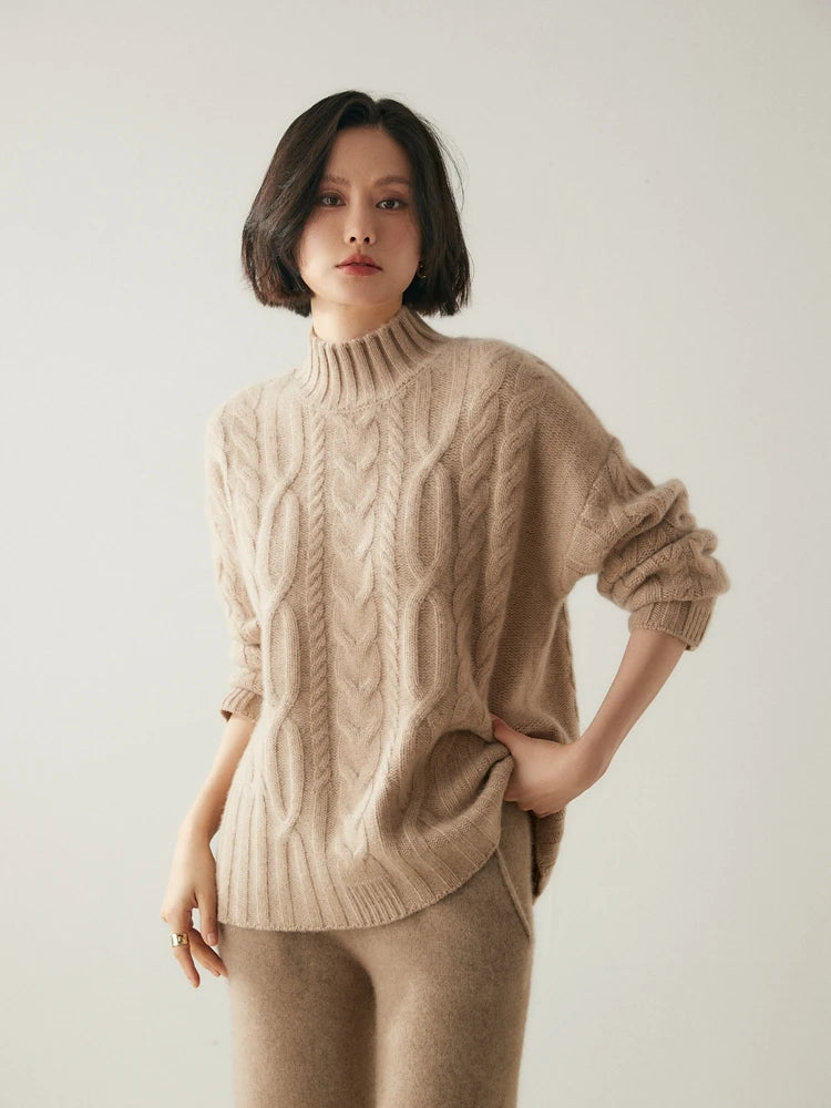 Women 100% Cashmere Sweater Mock Neck Pullover Cable Knitting Vintage Loose Style Thickened Cashmere Knitwear Autumn Winter Tops