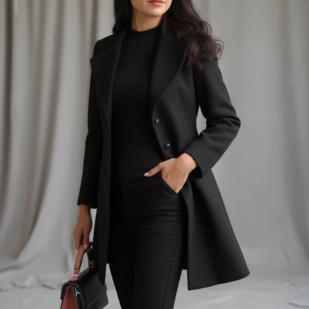 Women's Winter Coats 2025 All-Black Mid-Length Design with Chic Wide Lapel and Long Sleeve for Effortless Street Elegance