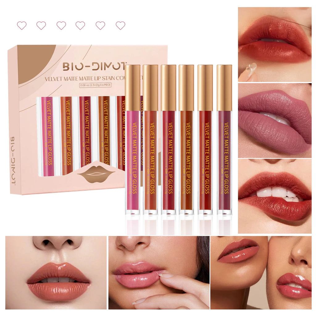 6pcs/set Nude Lip Gloss Matte Velvet Lipstick Makeup Waterproof Long-lasting Liquid Lipstick Women Moist Lip Tint Cosmetics