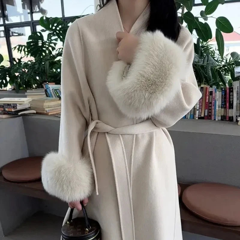 Women Autumn Winter Woolen Coat 2025 New High-End French Style Fur Sleeves Mid-Length Woolen Coat Women Long Coat Loose Outwear
