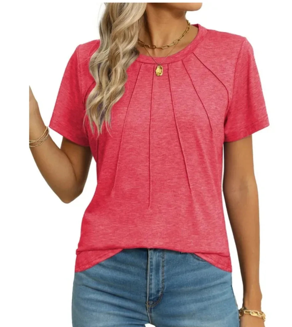 Women's Clothing European American T-shirt Tops Tees spring summer women's round neck pleated short sleeved solid color T-Shirts