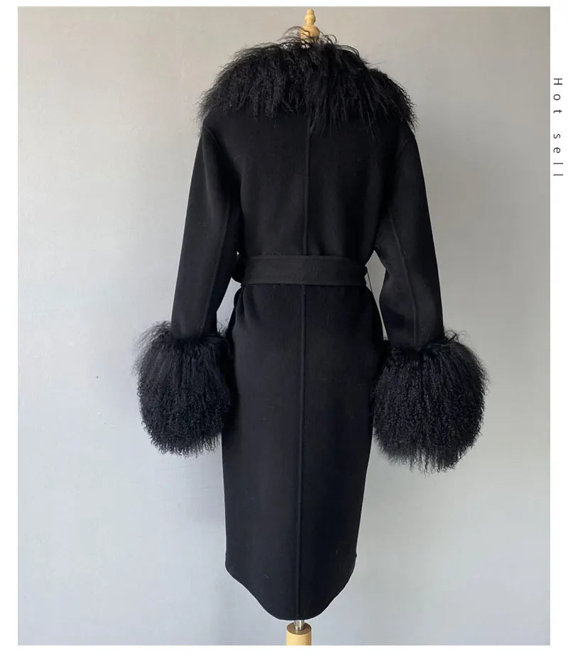 Women Cashmere Wool Coat With Real Mongolian Sheep Fur Collar  Ladies Autumn Winter Fashion Long Outwear Full Sleeve Fur Jacket