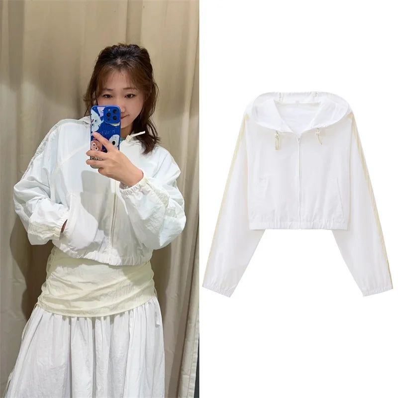 Women's Jacket 2025 Autumn New Arrival White Long Sleeve Simple Style Nylon Short Sports Hooded Top Jacket Casual Fashion