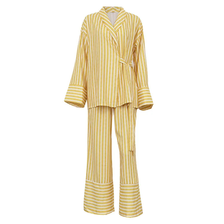 Women's Clothing 2025 Autumn New Striped Long-sleeved Loose Lace Top High Waist Trousers Fashionable Casual Suit