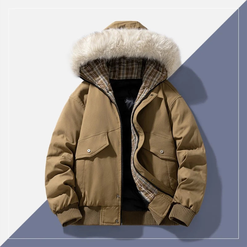 Men's Winter Jacket Woolen Collar Cotton-padded Jacket Outdoor Thickened Hooded Jacket Casual and Windproof Jacket for Teenagers