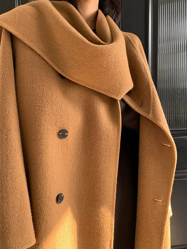 New Hand-sewn Cashmere Wool Coat Women New Mid-length Big Scarf Collar Loose Lace-up Warm Double-sided Wool Coat Fashion Winter
