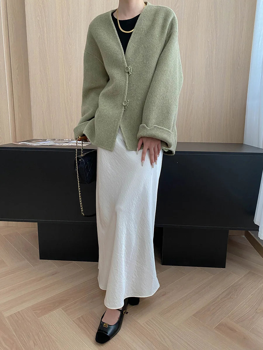 Winter women's casual solid color V-neck double-sided woolen coat jacket