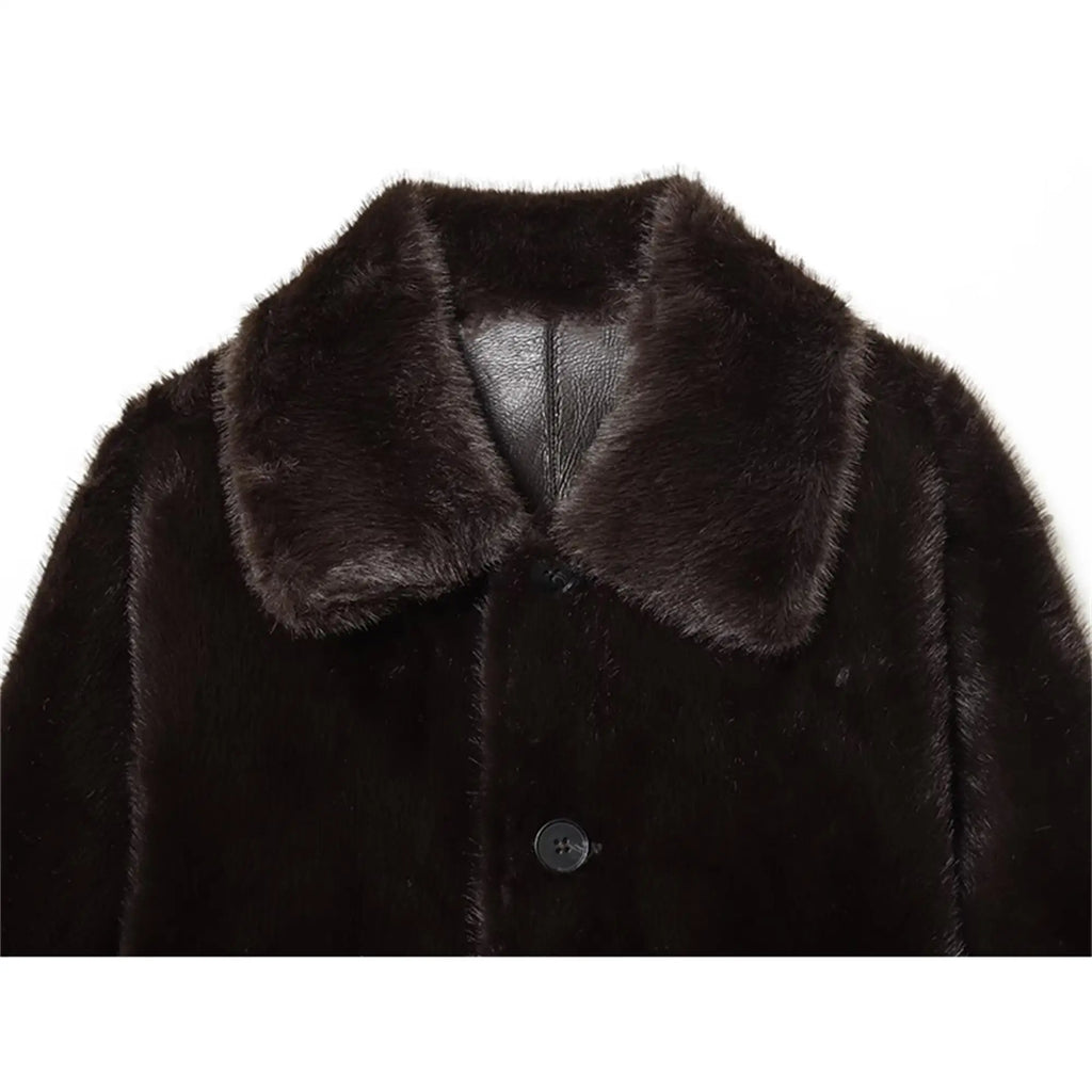 Winter Women New Double-sided Fleece Leather Jacket Fashion Reversible Lapel Single Breasted  Short Coat Retro Pocket Outwear